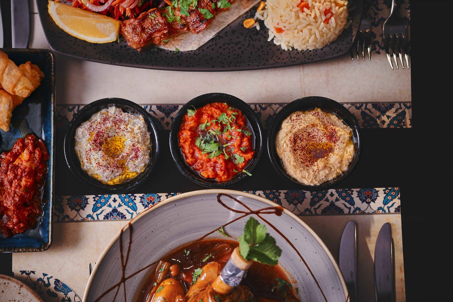 A spread of meze and grills